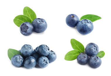 Image of Set of fresh blueberries on white background