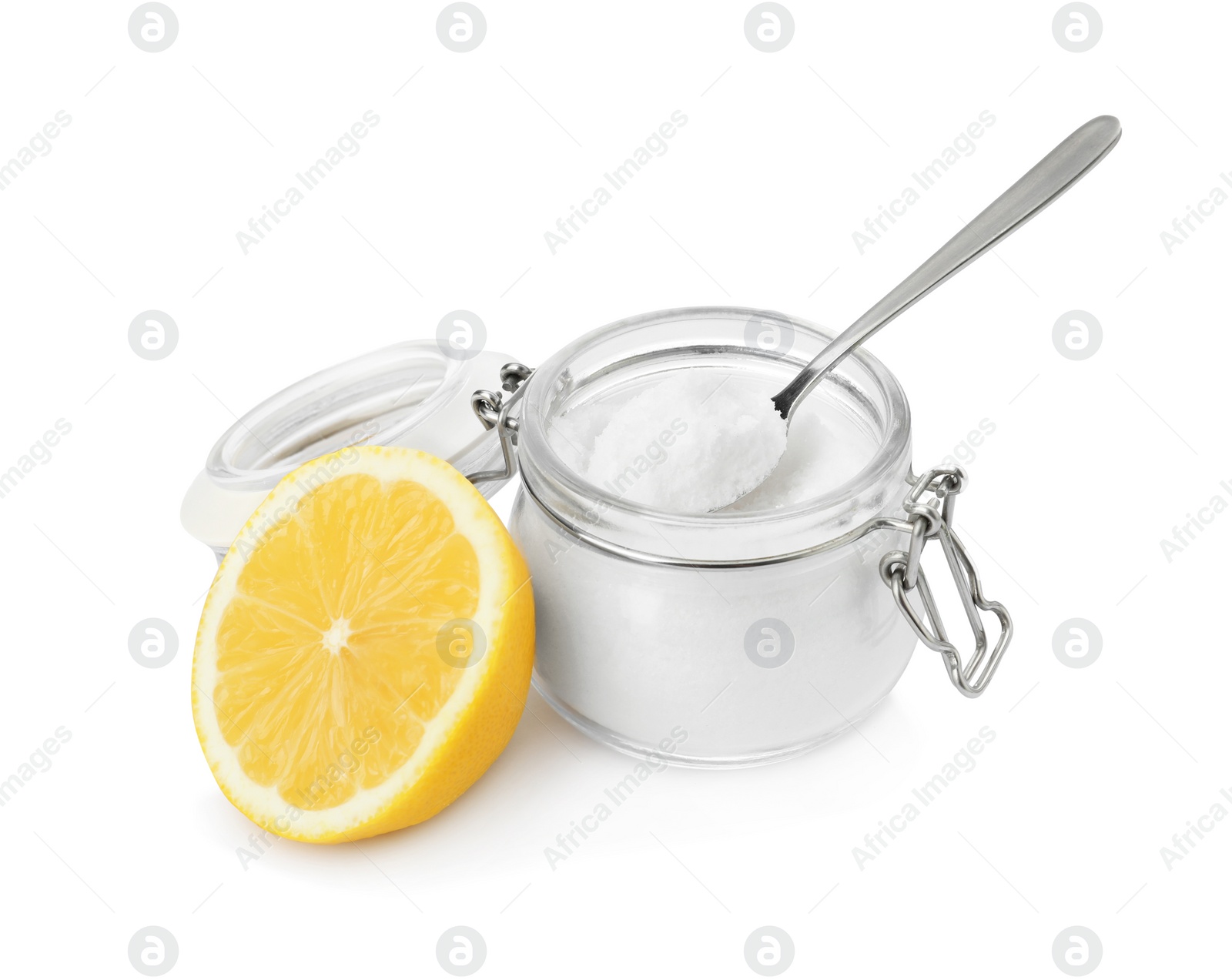 Photo of Baking soda and lemon on white background
