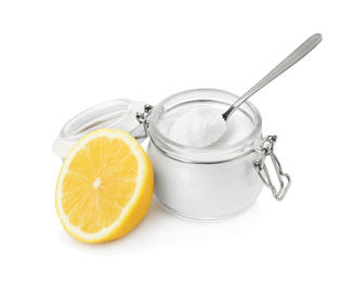 Photo of Baking soda and lemon on white background