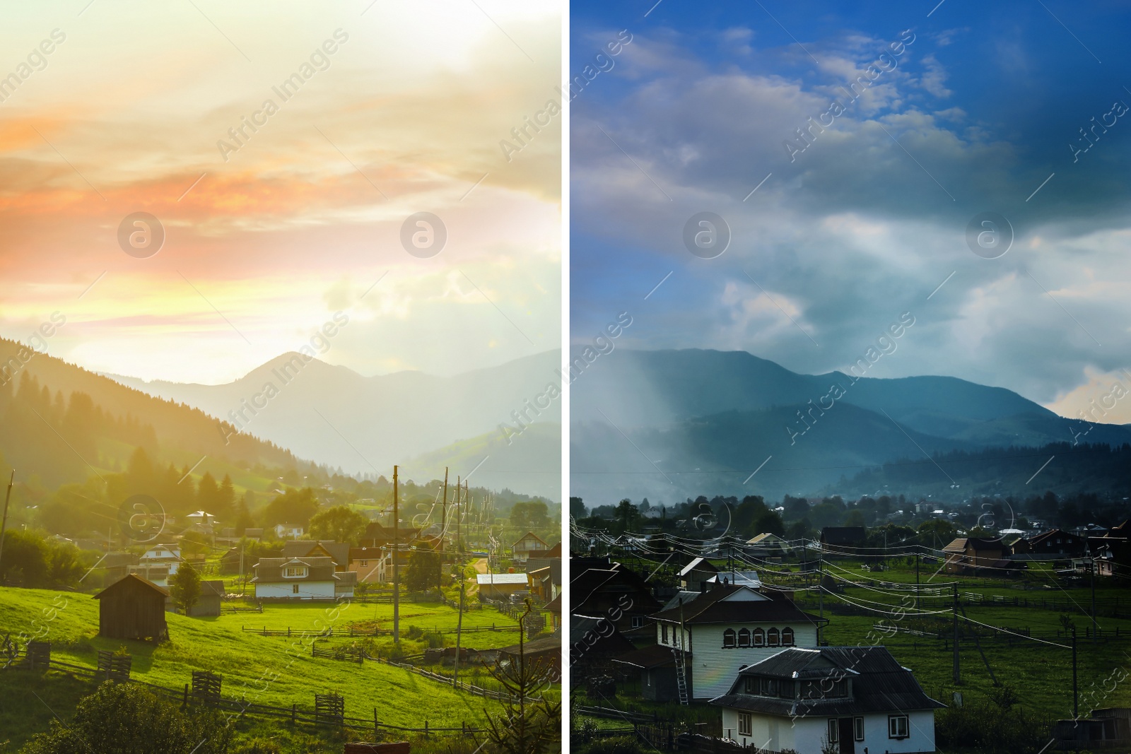 Image of Photo before and after retouch, collage. Picturesque view of village and forest on mountain slopes