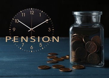 Transparent clock with word Pension and glass jar with coins on black background