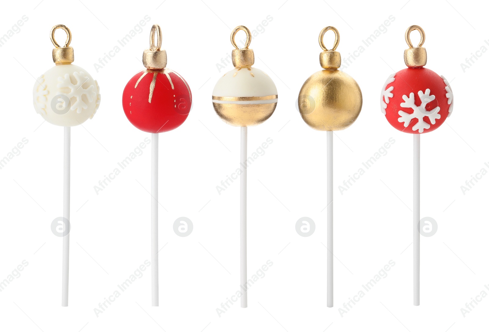 Image of Set of Christmas themed cake pops on white background