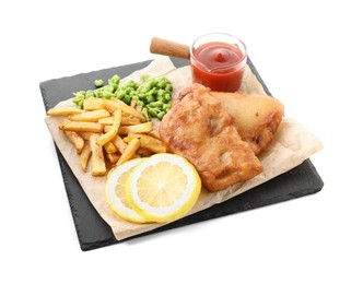 Photo of Tasty fish, chips, sauce and peas isolated on white