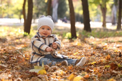 Photo of Cute little child on ground with dry leaves in autumn park, space for text
