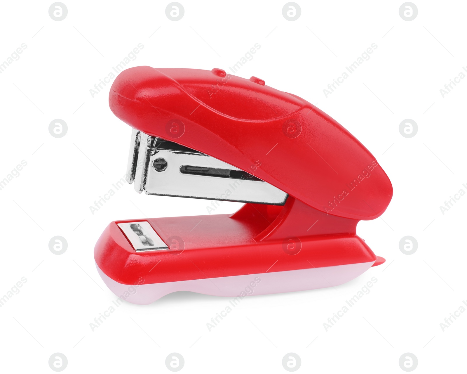 Photo of One new red stapler isolated on white