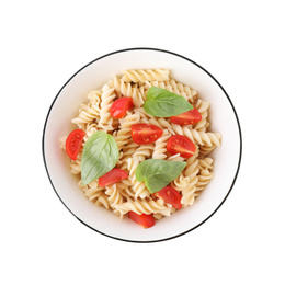 Photo of Delicious fusilli pasta with tomatoes isolated on white, top view