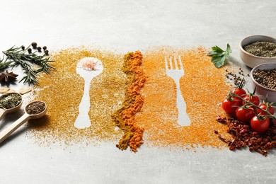 Different spices and silhouettes of cutlery on light grey table