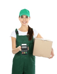 Photo of Female courier with parcel and payment terminal on white background. Space for text