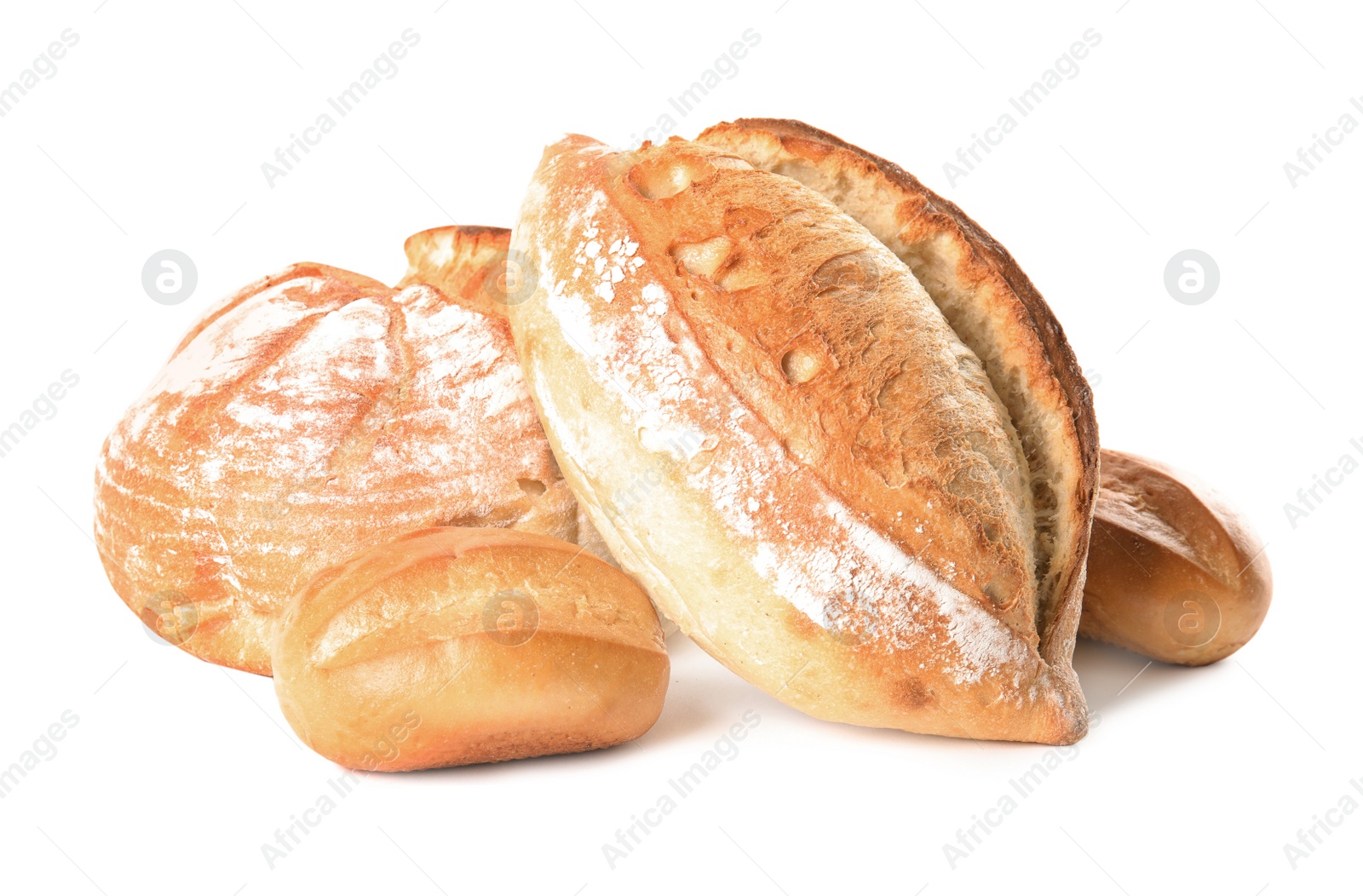 Photo of Fresh wheat bread loaves on white background