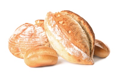 Fresh wheat bread loaves on white background