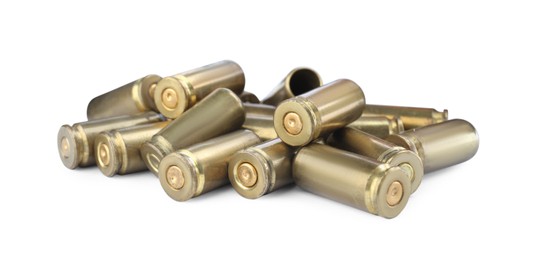 Photo of Cartridge cases isolated on white. Firearm ammunition