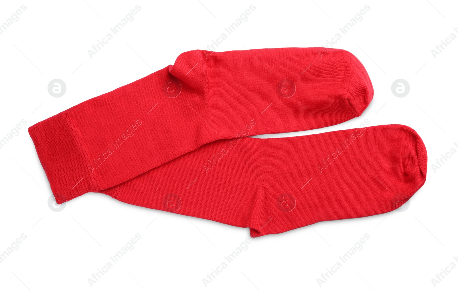 Photo of Pair of red socks on white background, top view