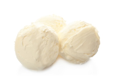 Photo of Balls of tasty vanilla ice cream on white background
