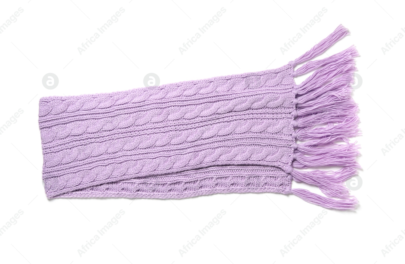 Photo of Lilac knitted scarf isolated white, top view