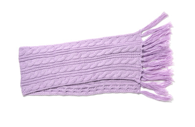 Photo of Lilac knitted scarf isolated white, top view