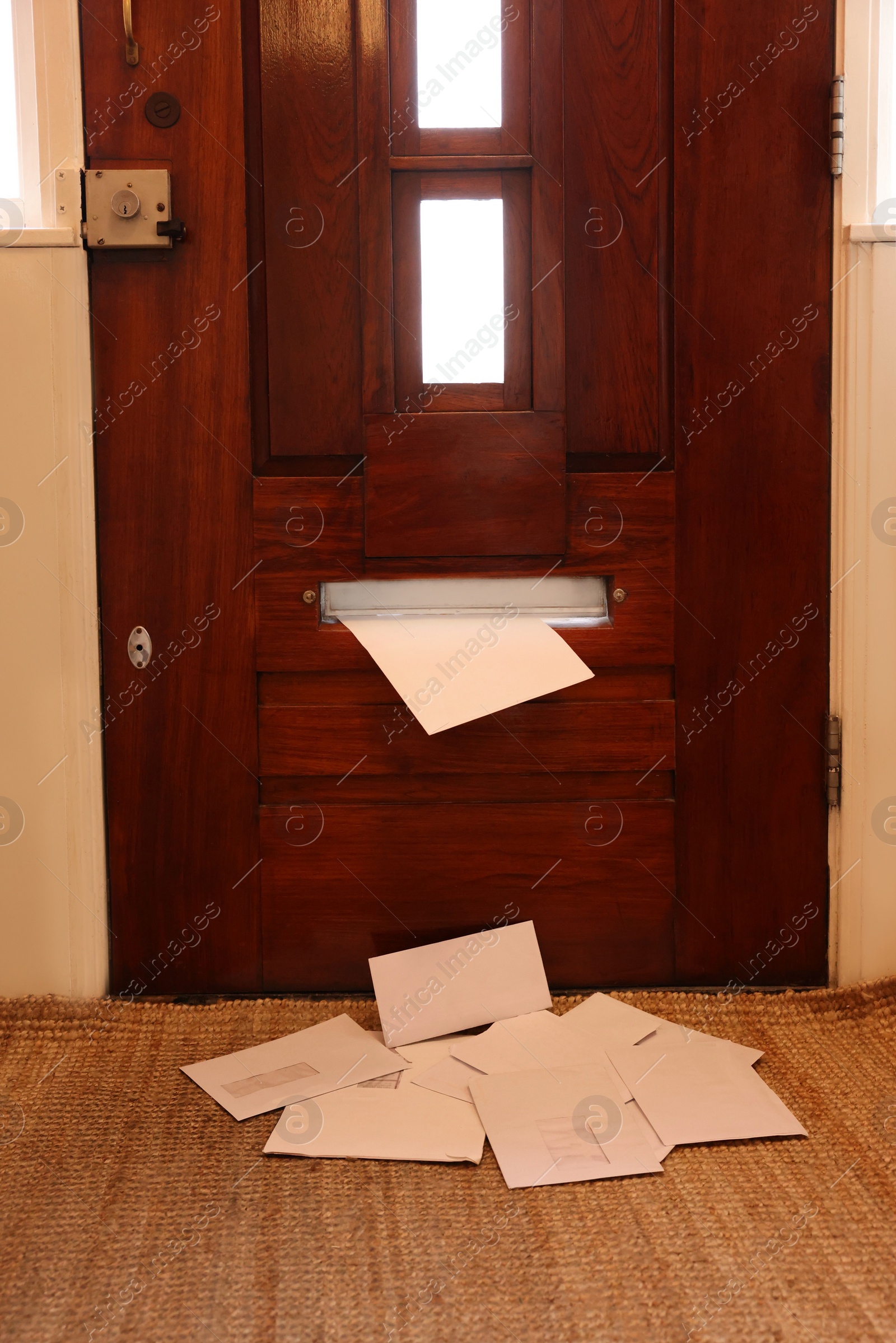 Photo of Wooden door with mail slot and many envelopes indoors