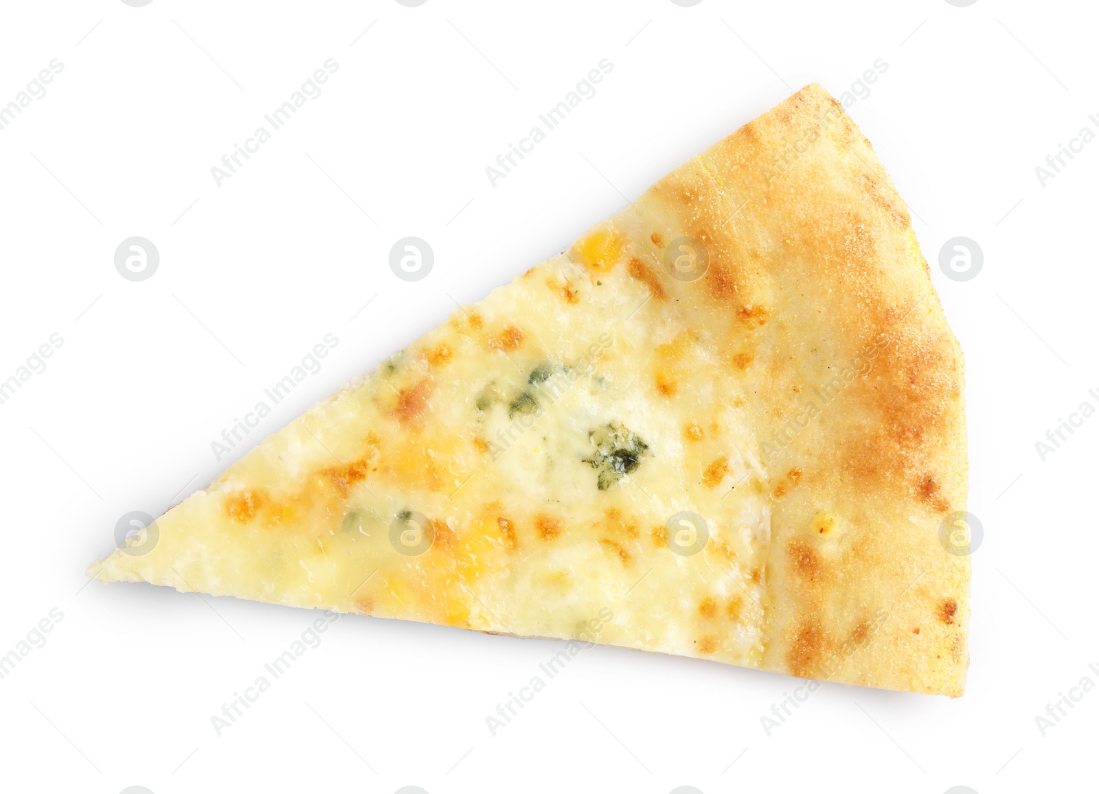 Photo of Piece of delicious cheese pizza isolated on white, top view