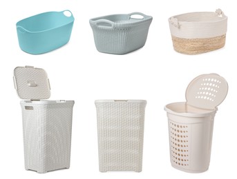 Image of Different empty laundry baskets on white background
