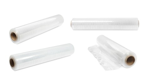 Image of Set with transparent stretch wraps on white background