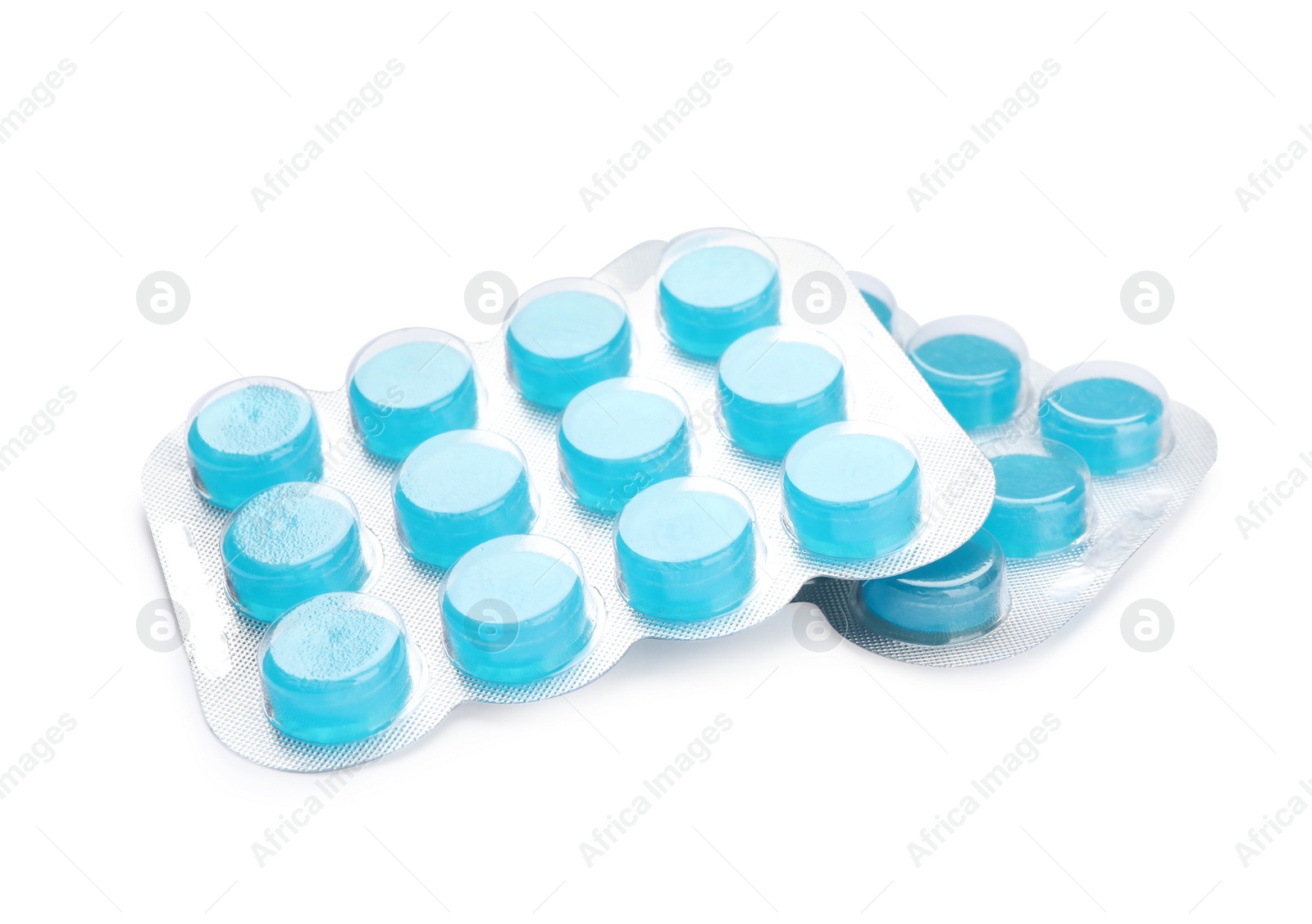 Photo of Blisters with blue cough drops on white background