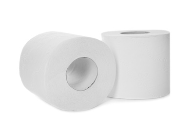 Photo of Rolls of toilet paper on white background