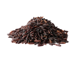 Photo of Pile of uncooked black rice on white background