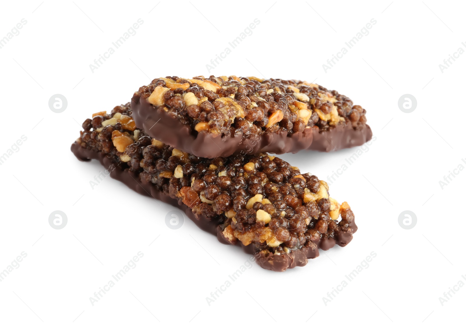 Photo of Protein bars with chocolate on white background. Healthy snack