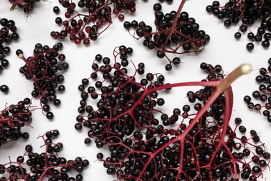 Photo of Bunches of ripe elderberries on white marble table, flat lay