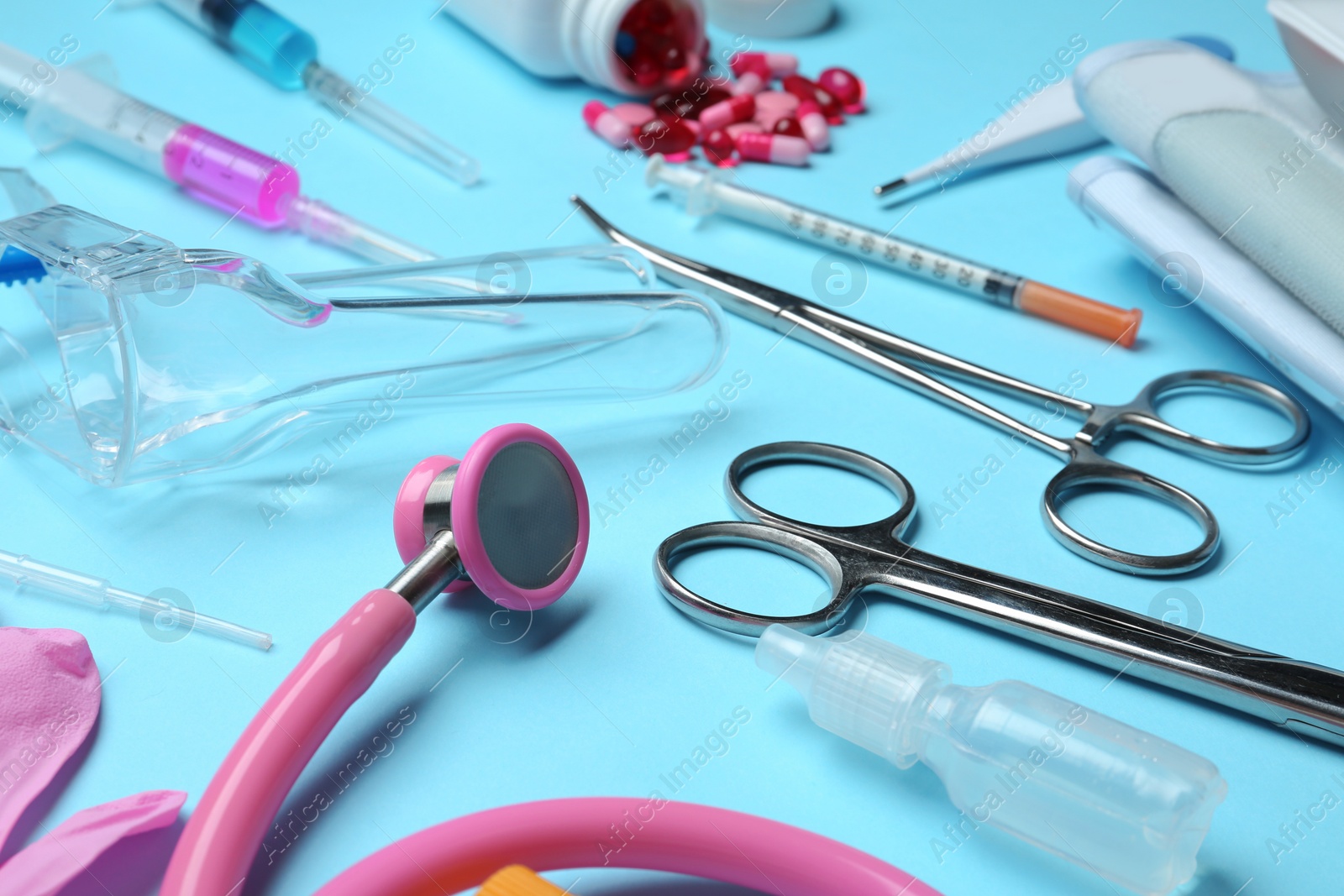 Photo of Different medical objects on color background. Modern equipment