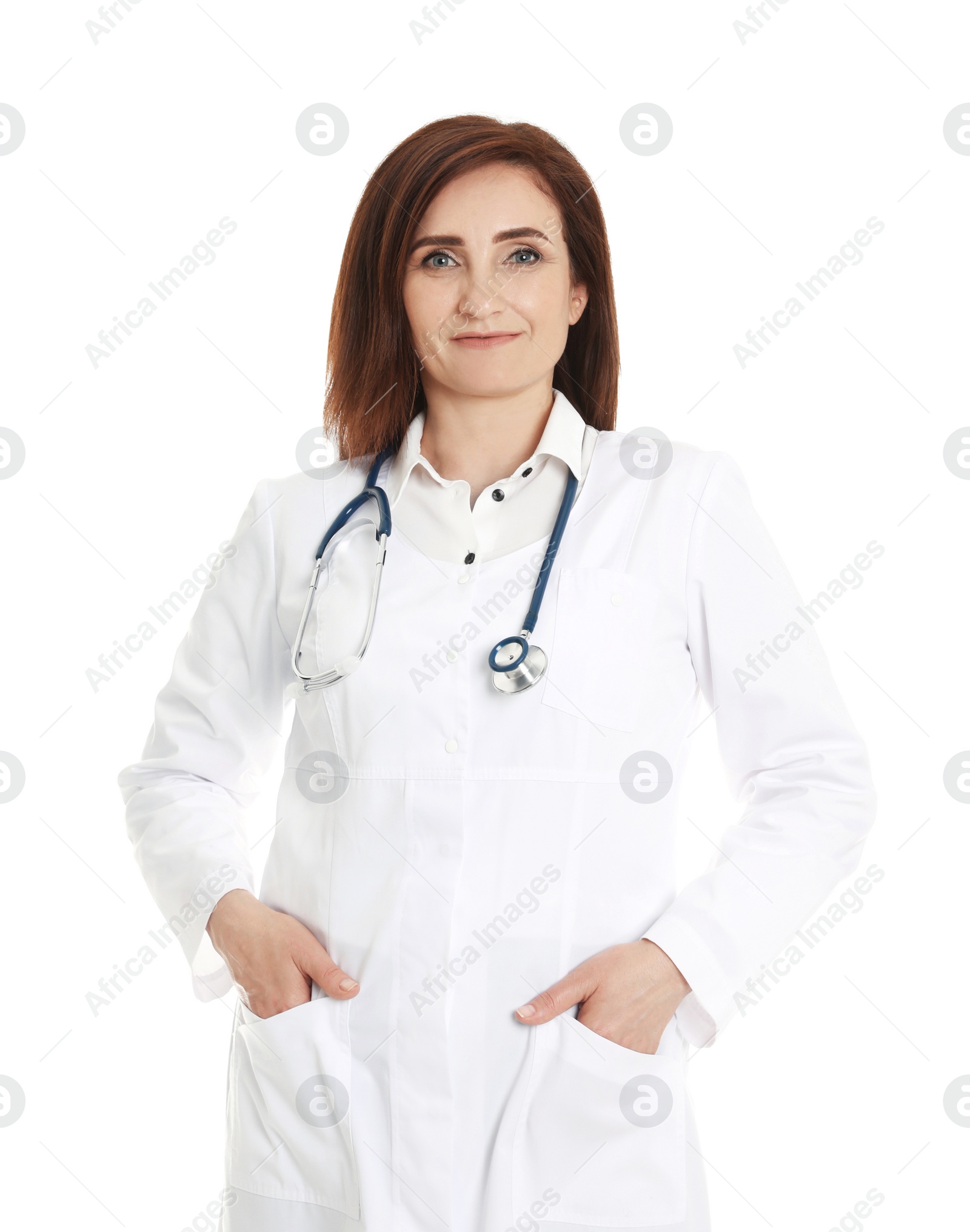 Photo of Portrait of female doctor isolated on white. Medical staff