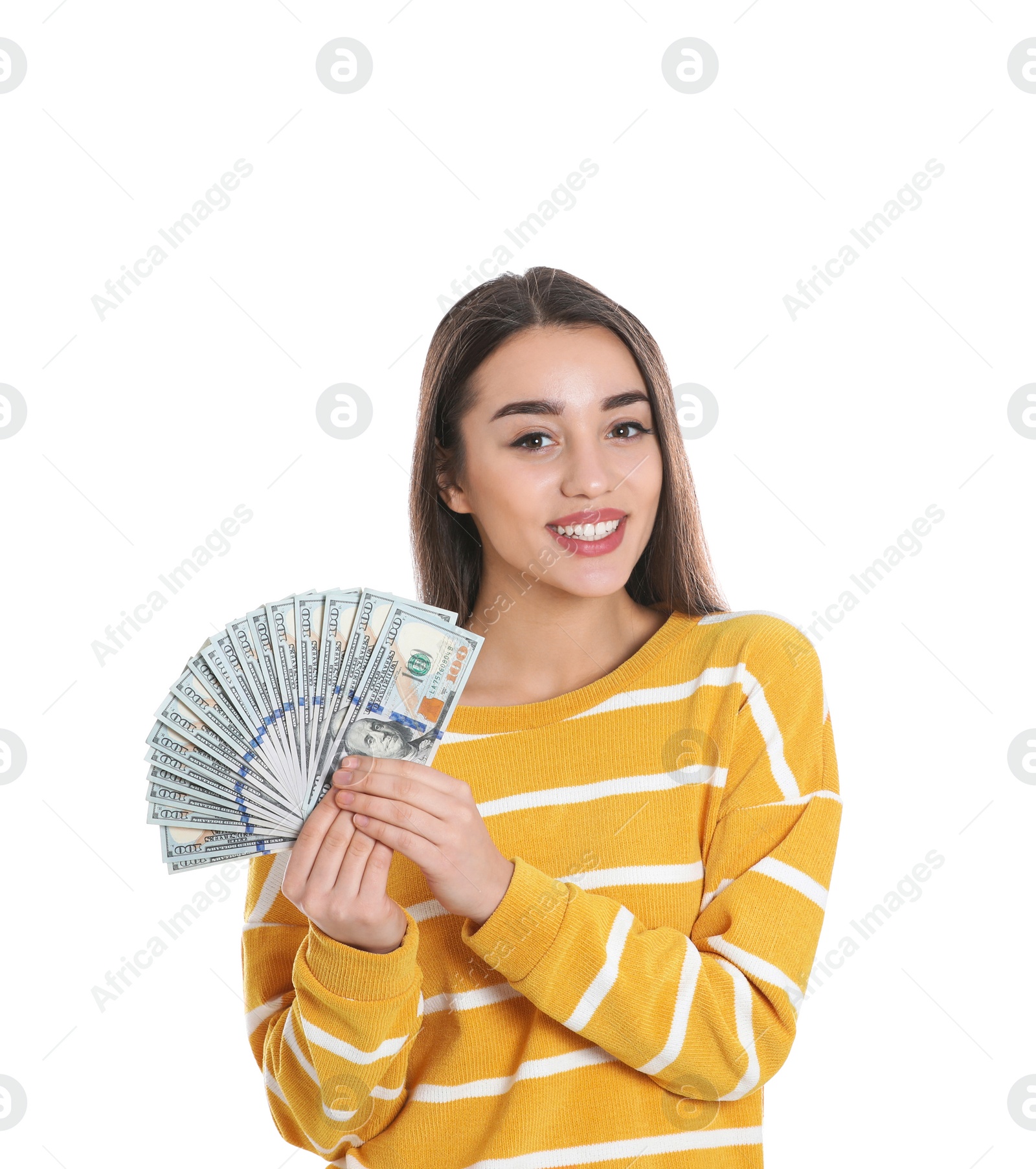 Photo of Portrait of happy young woman with money on white background