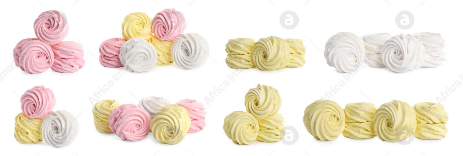 Image of Set with different tasty zephyrs on white background. Banner design 