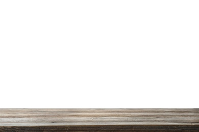 Empty wooden surface against white background. Mockup for design