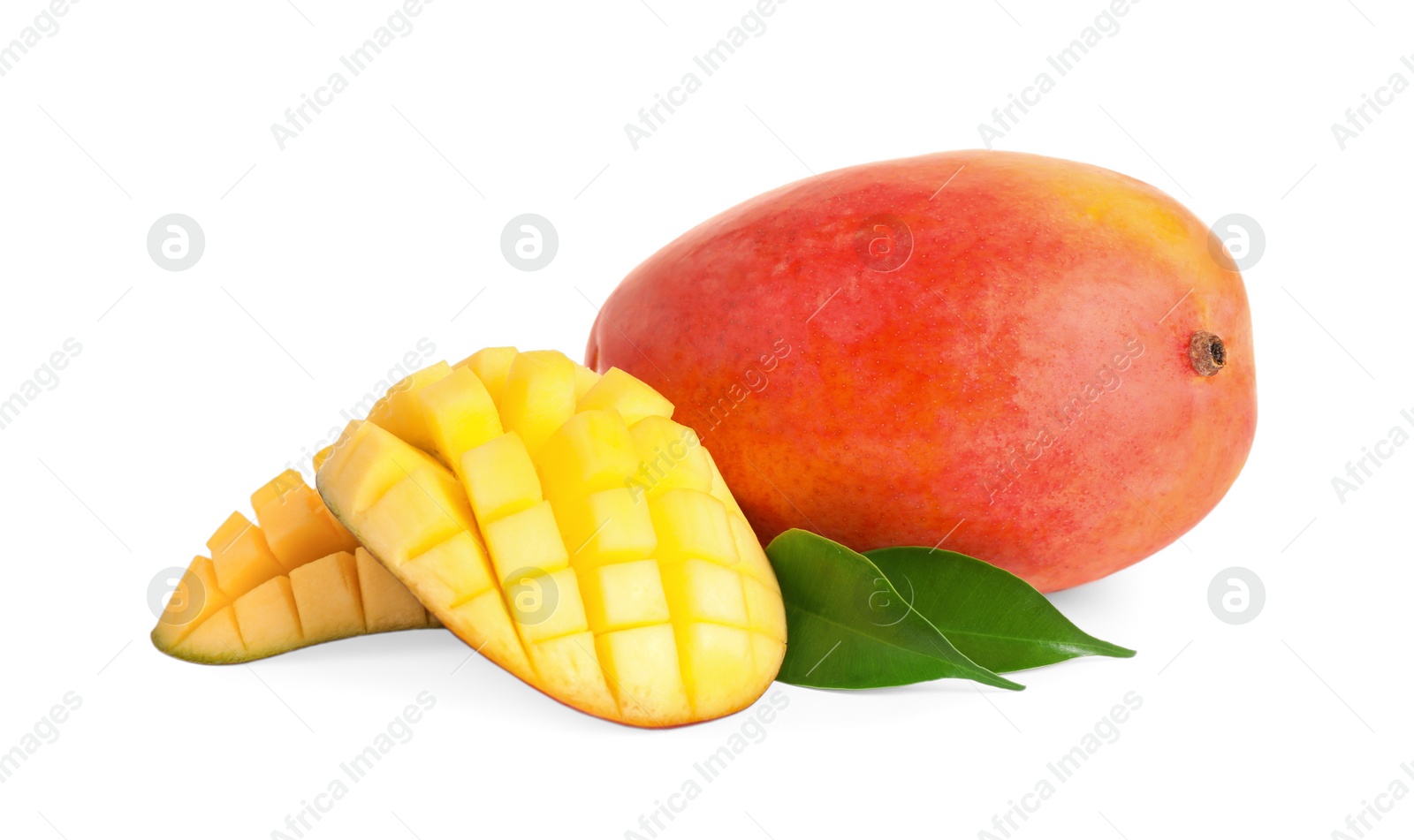 Photo of Whole and cut juicy mangoes isolated on white