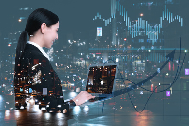 Image of Multiple exposure of businesswoman, scheme and cityscape. Trade concept