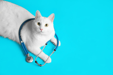 Photo of Cute cat with stethoscope as veterinarian on light blue background, above view. Space for text