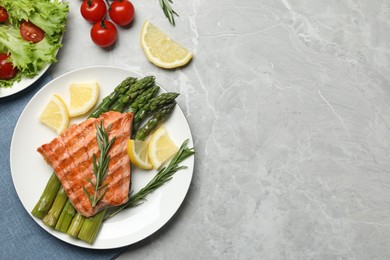 Photo of Tasty grilled salmon with asparagus, lemon and rosemary on light grey table, flat lay. Space for text