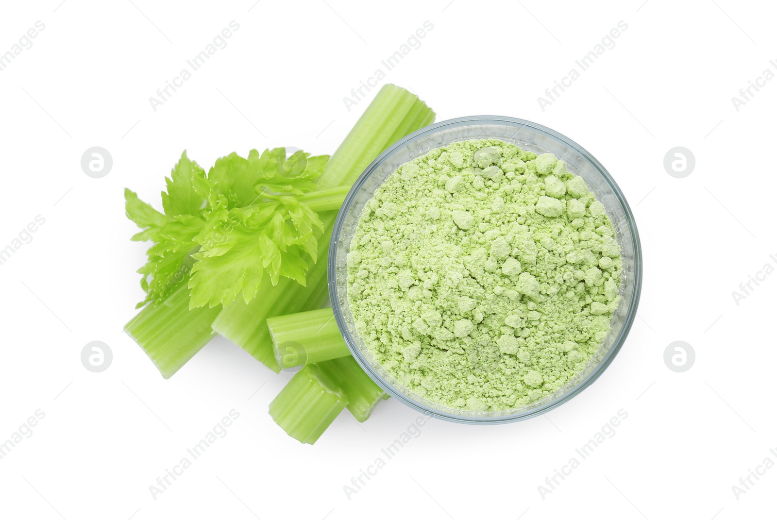 Photo of Bowl of celery powder and fresh cut stalk isolated on white, top view