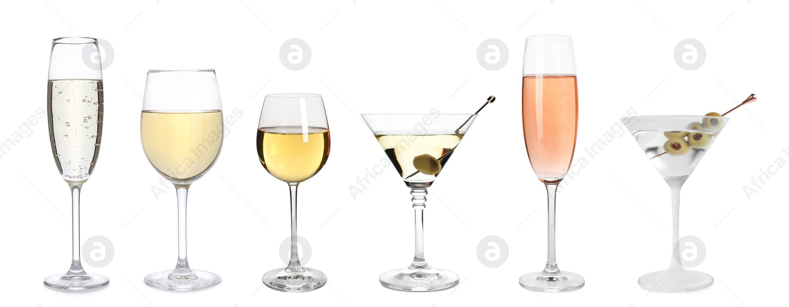 Image of Set with different wines and cocktails in glasses on white background