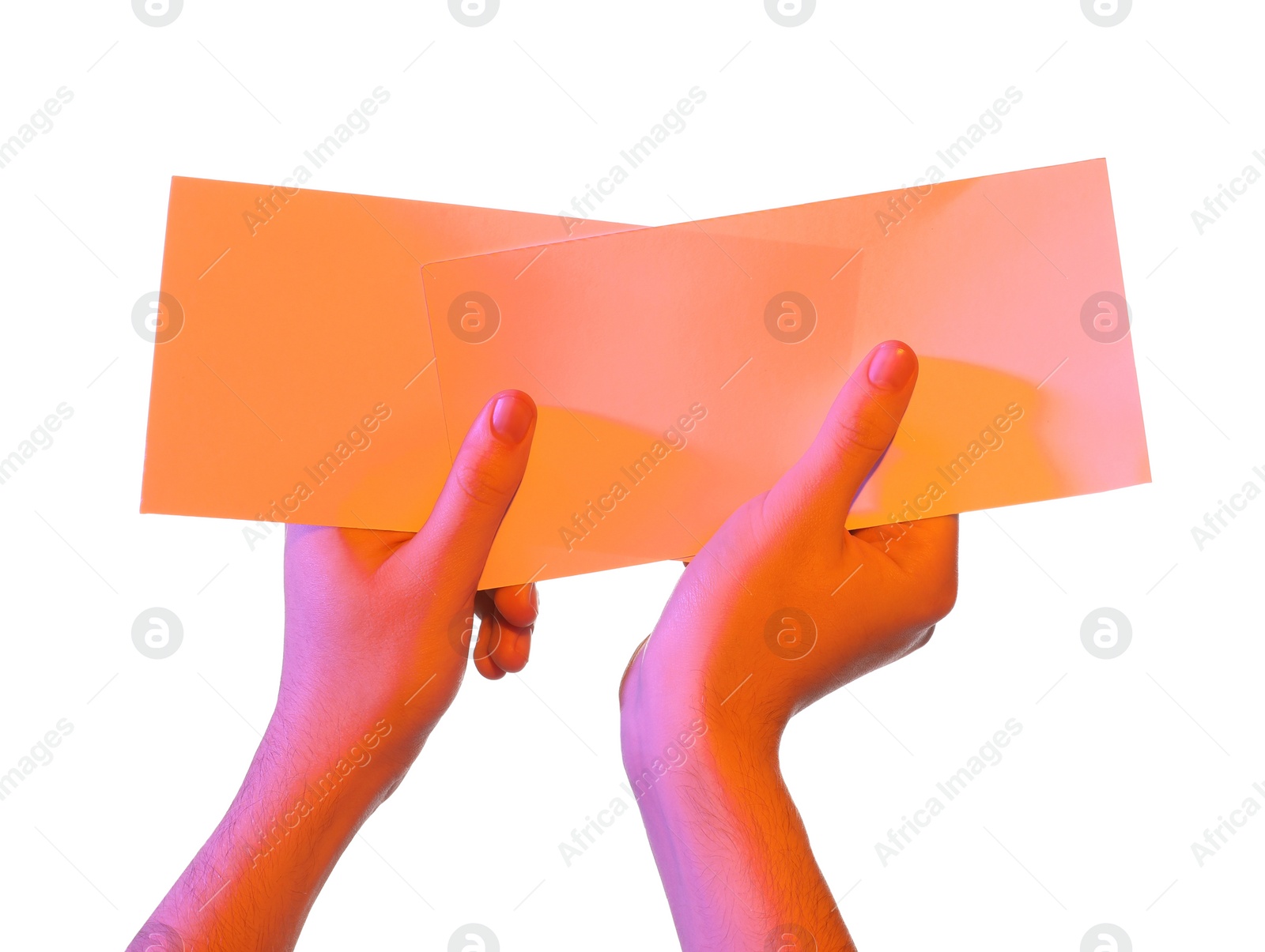 Photo of Man holding flyers on white background, closeup and space for text. Color tone effect