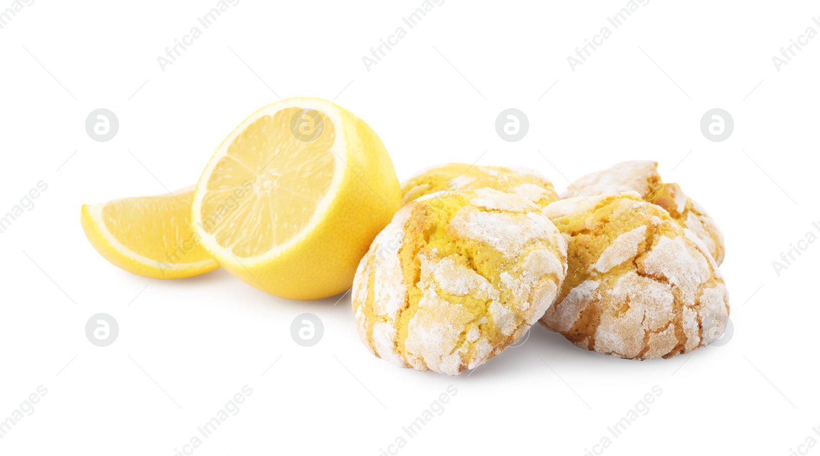 Photo of Tasty homemade lemon cookies and fresh fruit on white background