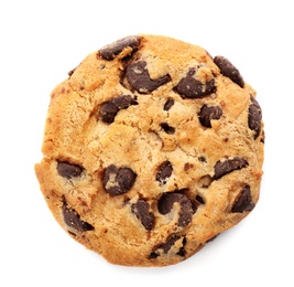 Photo of Tasty chocolate cookie on white background, top view