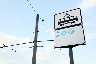Photo of Tram stop sign against blue sky. Space for text