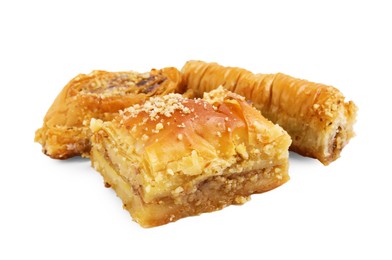 Eastern sweets. Pieces of tasty baklava isolated on white