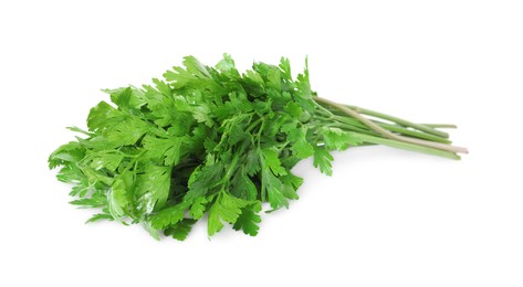Photo of Heap of chopped parsley leaves isolated on white