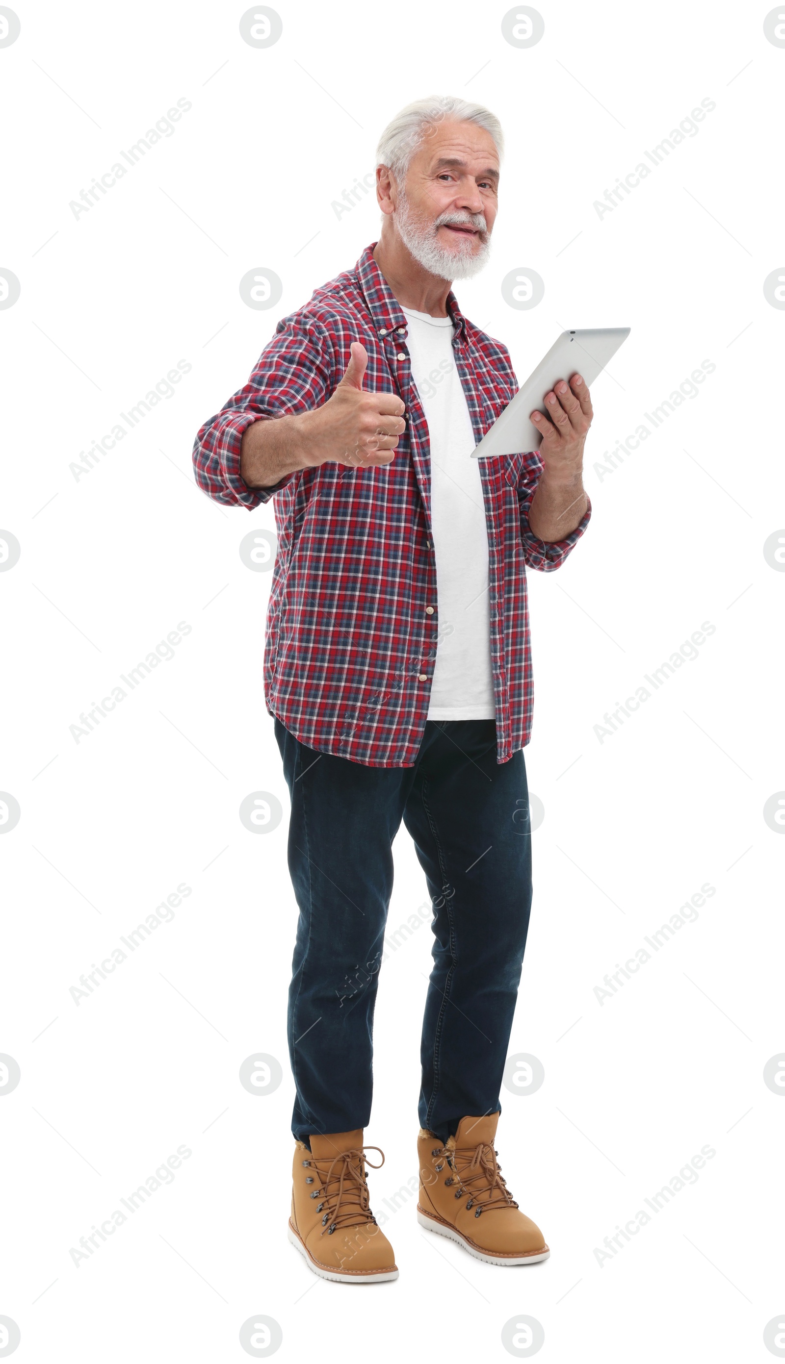 Photo of Man with tablet showing thumb up on white background