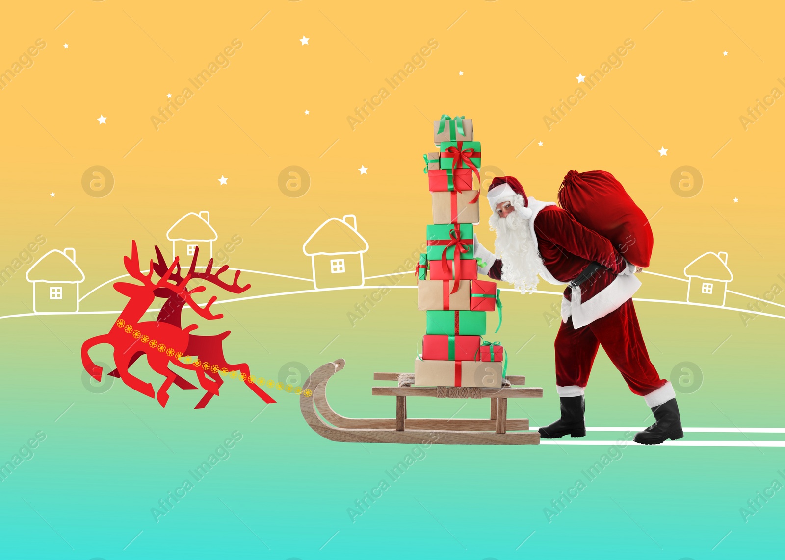 Image of Winter holidays bright artwork. Santa Claus with reindeers delivering gifts on color background, creative collage