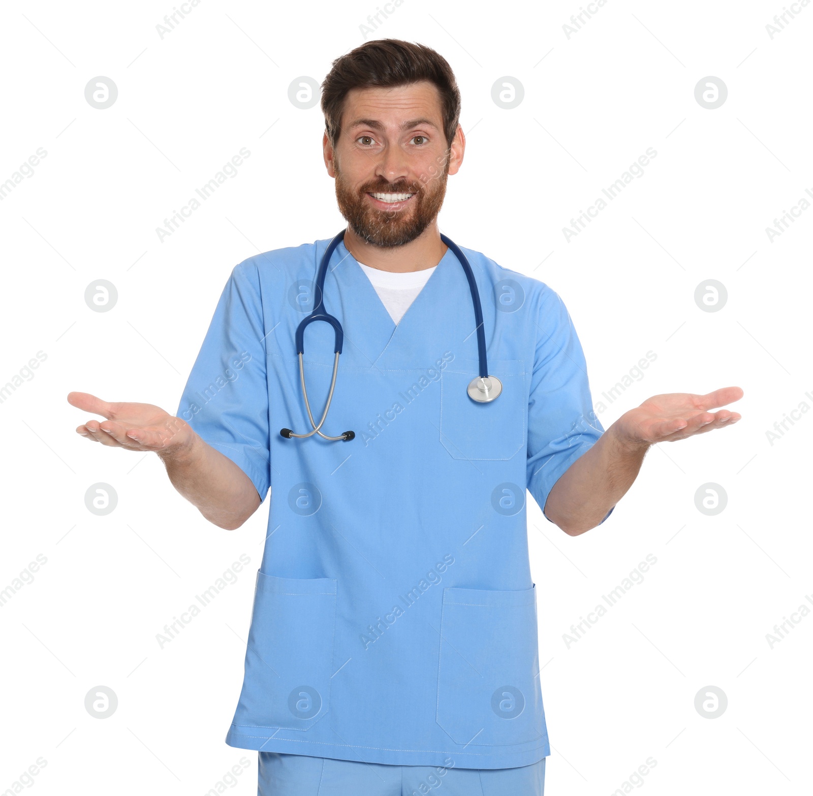 Photo of Portrait of doctor in scrubs on white background