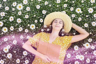 Beautiful young woman with closed eyes lying on green grass with flowers, top view. State of mindfulness