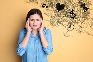 Stressed young woman with mess in her head on color background